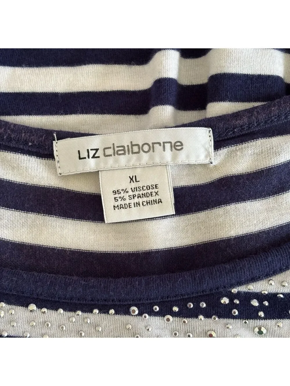 Liz Claiborne Navy & White Striped Sparkle Top XL – Short Sleeve Crew Neck